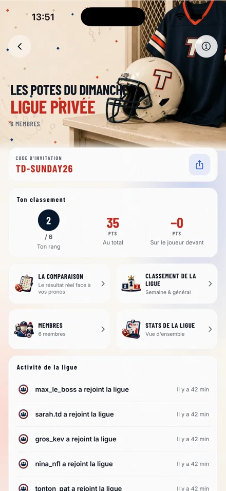 Écran de ligue privée Touchdown Team avec code d’invitation et rang du joueur