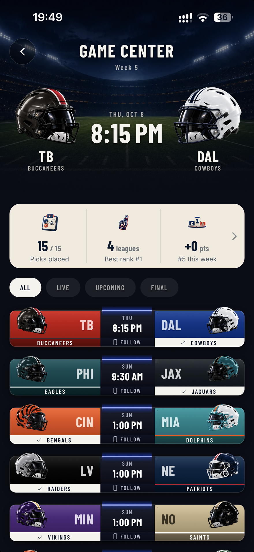 The full Game Center: an upcoming matchup, live, upcoming and finished filters, and game tracking buttons