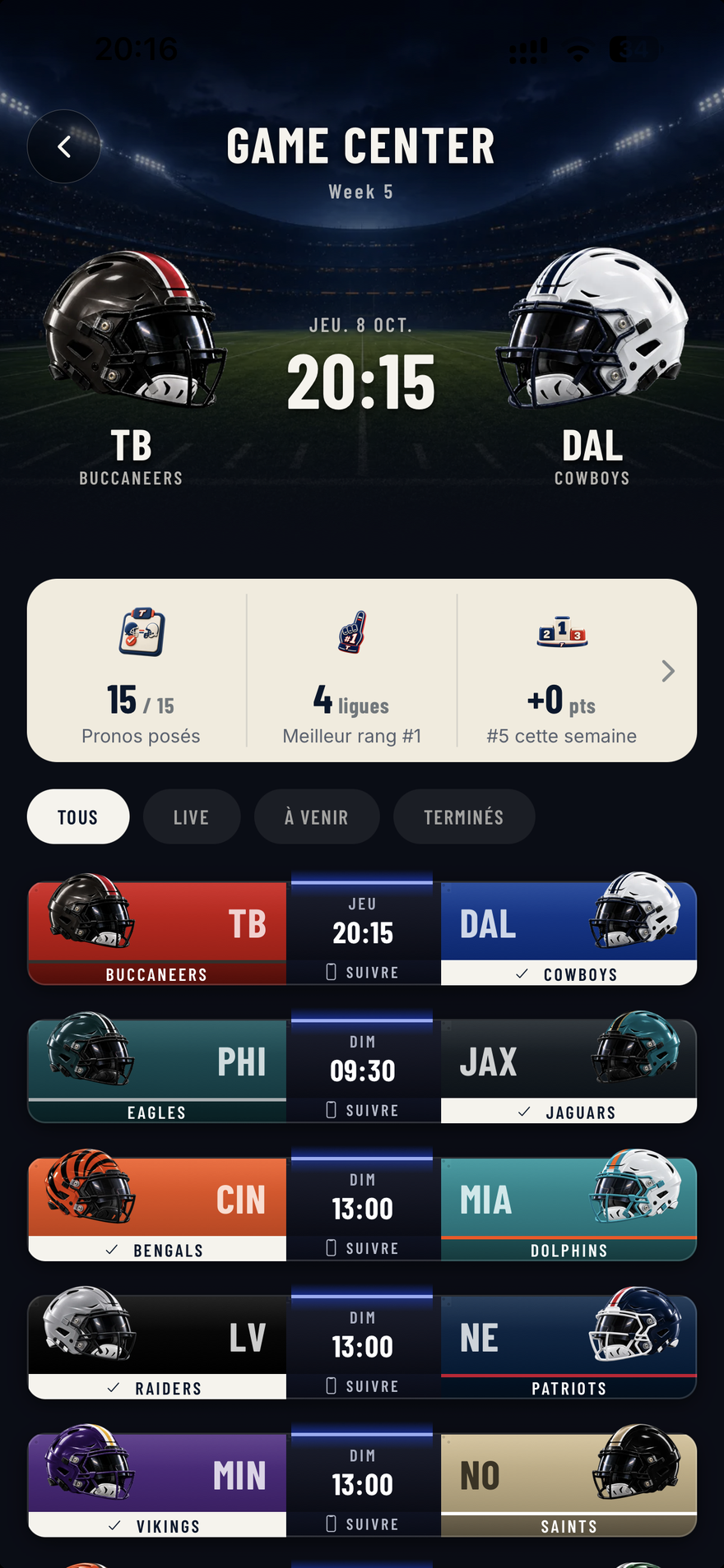 Game Center complet : rencontre à venir, filtres en direct, à venir et terminés, et boutons pour suivre les matchs