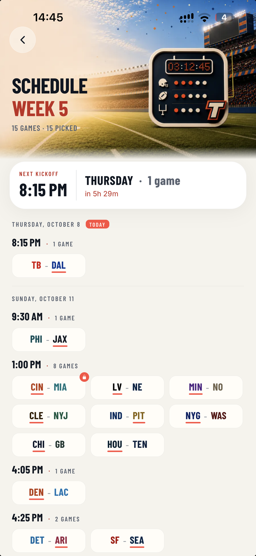 The weekly NFL schedule: games grouped by day with kickoff times in your time zone