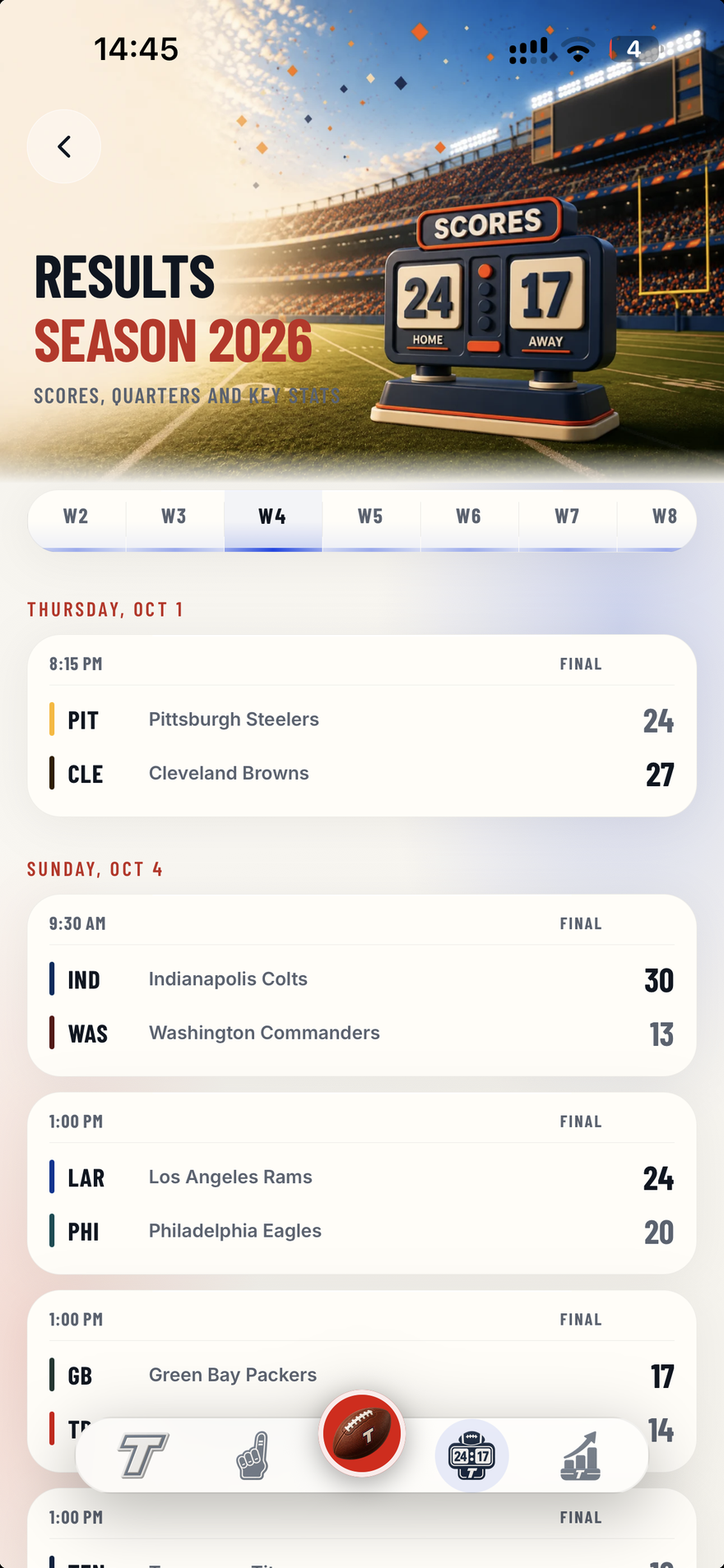 NFL results in the app: final scores and upcoming kickoff times