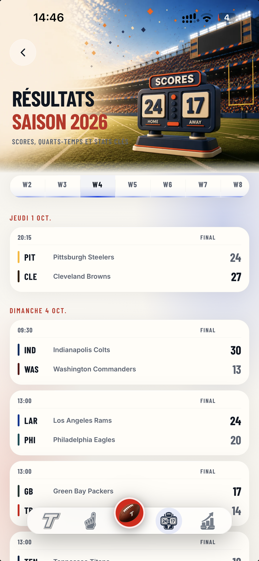 Résultats NFL dans l’app : scores finaux et horaires des prochaines rencontres
